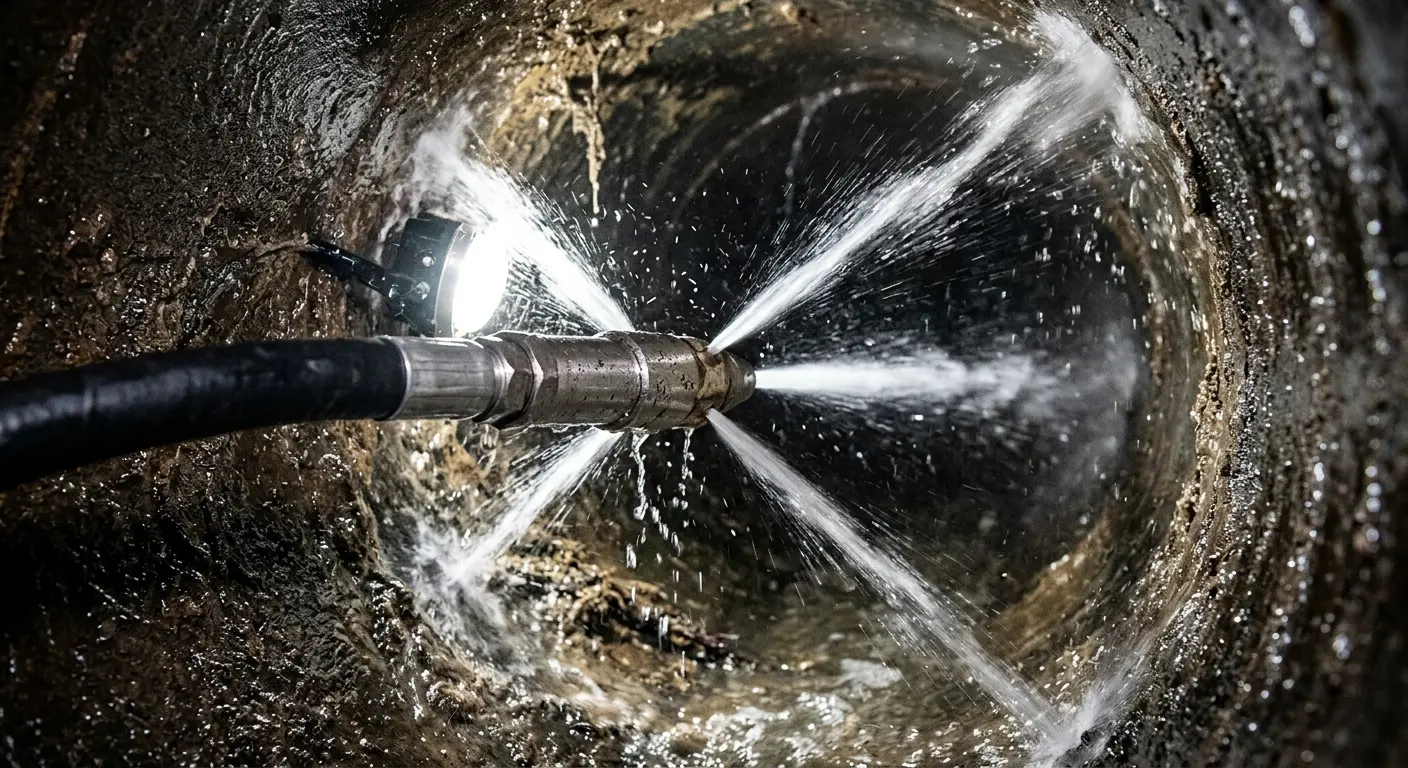 High-pressure hydro jetting nozzle cleaning sewer pipe for Sewer Cleanout in Maplewood
