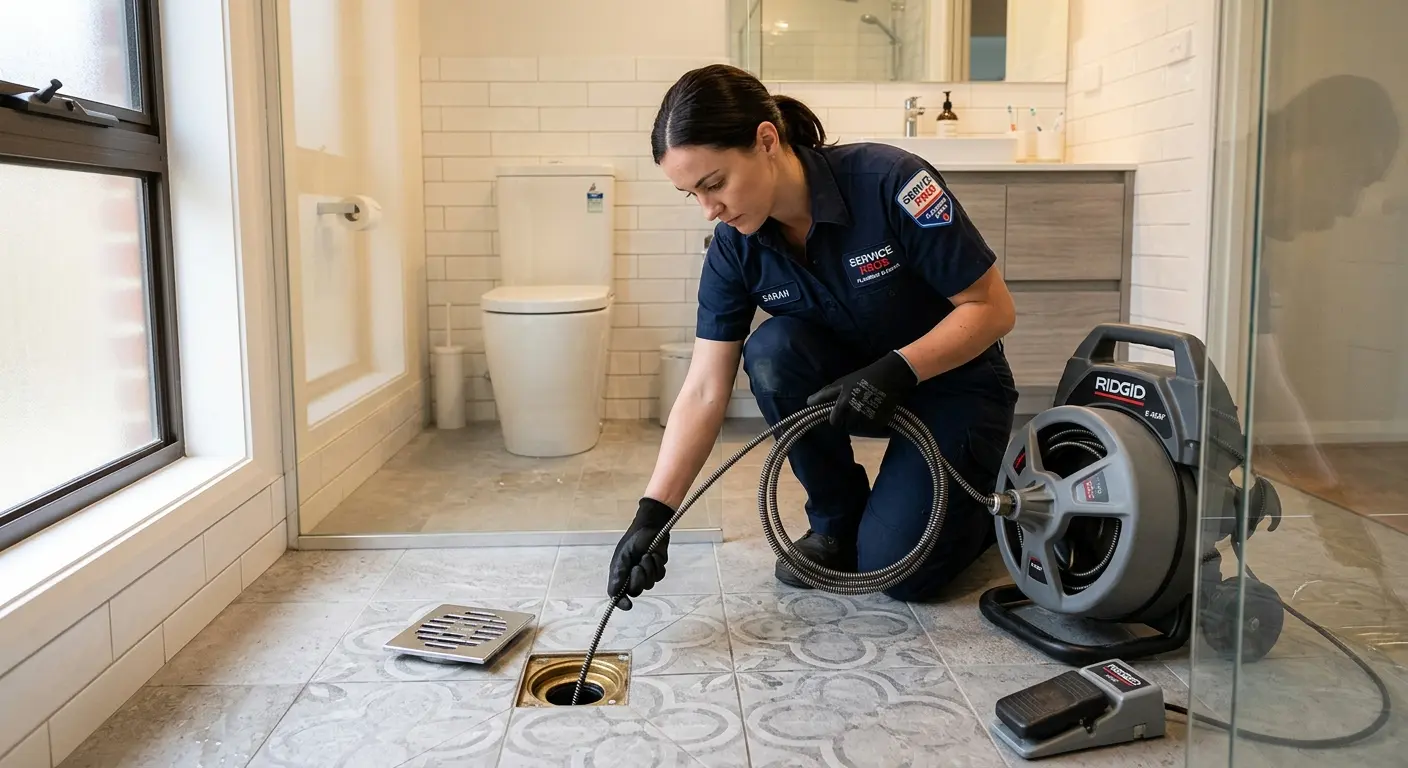 Technician clearing a bathroom floor drain for Drain Cleaning in Maplewood